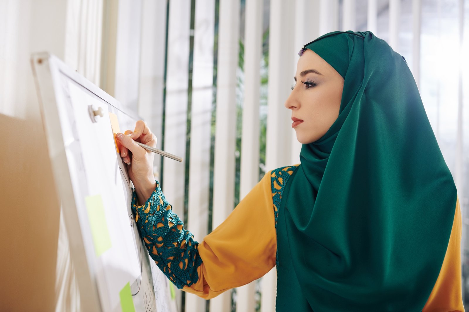 Muslim businesswoman writing on whiteboard