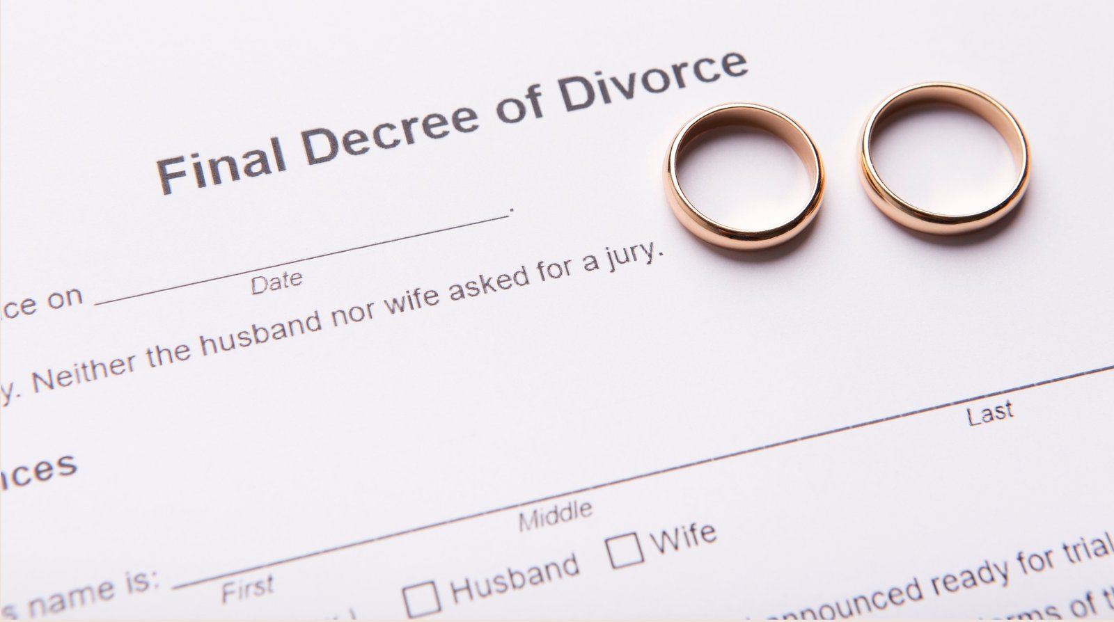 Two golden wedding rings on final divorce decree document